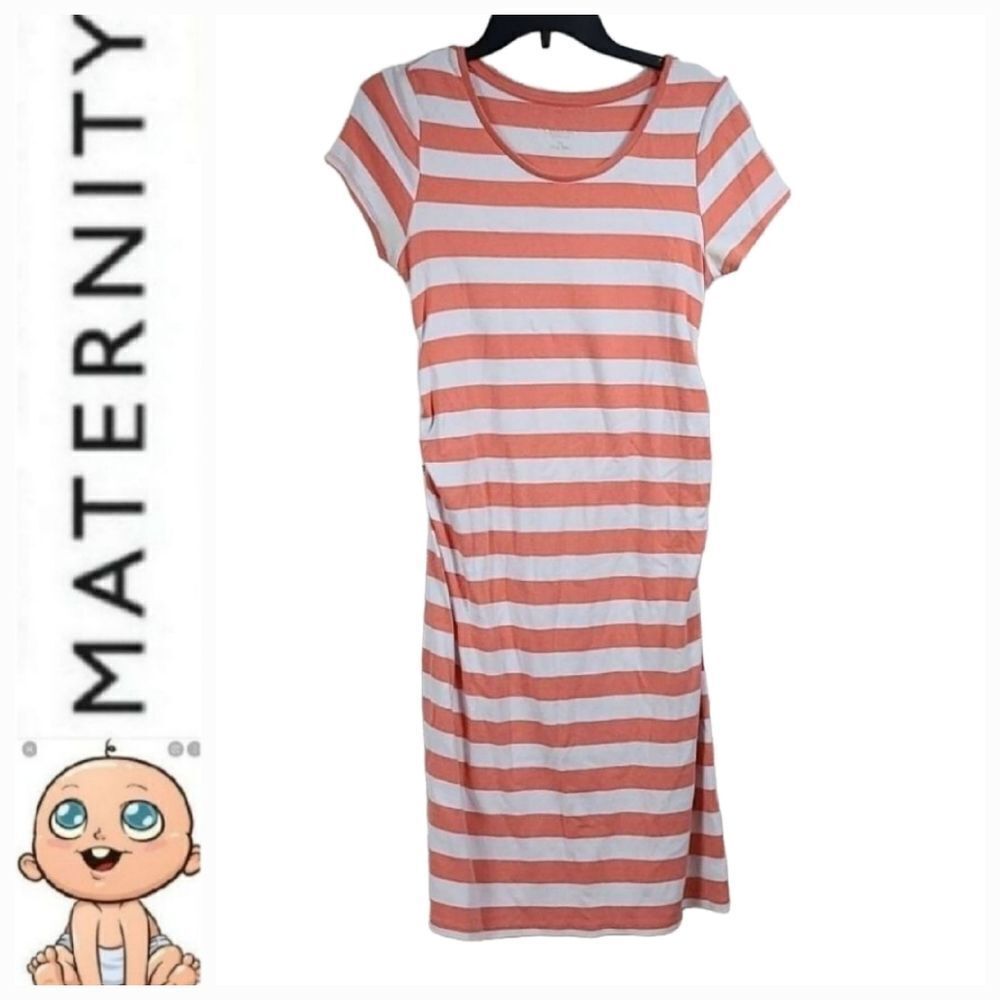 Liz Lange Maternity Coral Stripe T Shirt Dress Ruched Stretch Knit Small Casual